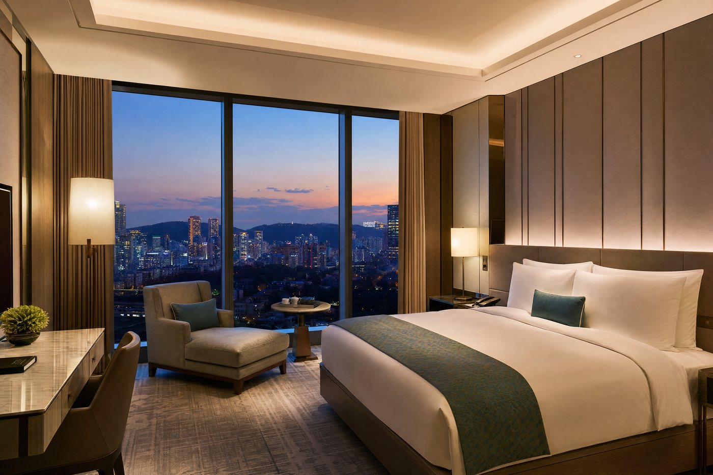 A modern hotel room with a floor-to-ceiling window over the Seoul skyline at dusk