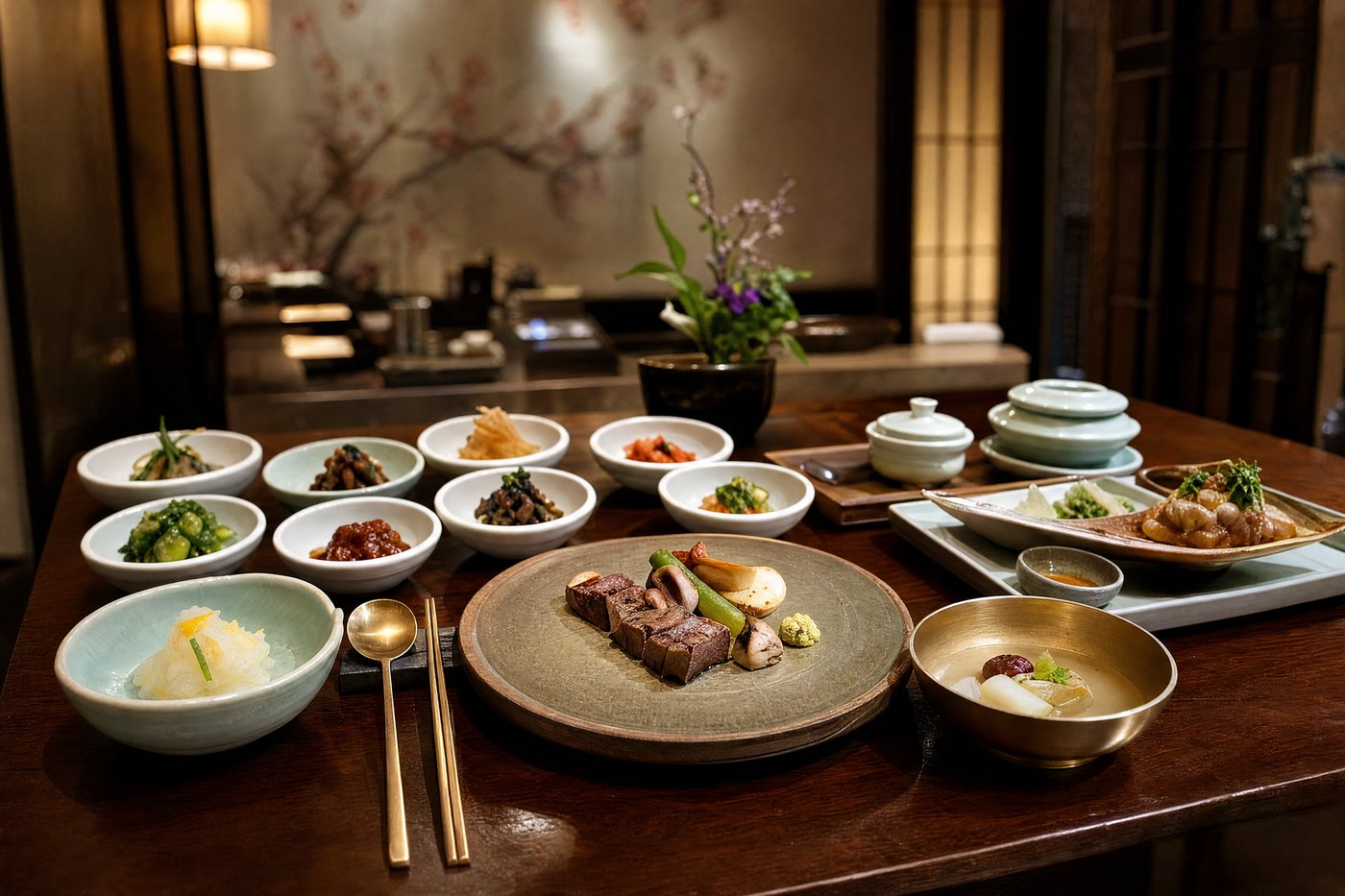 An elegant Korean hanjeongsik meal with many side dishes at an upscale Myeongdong restaurant