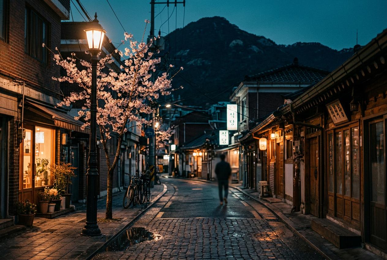 A quiet Seoul side street on a spring evening